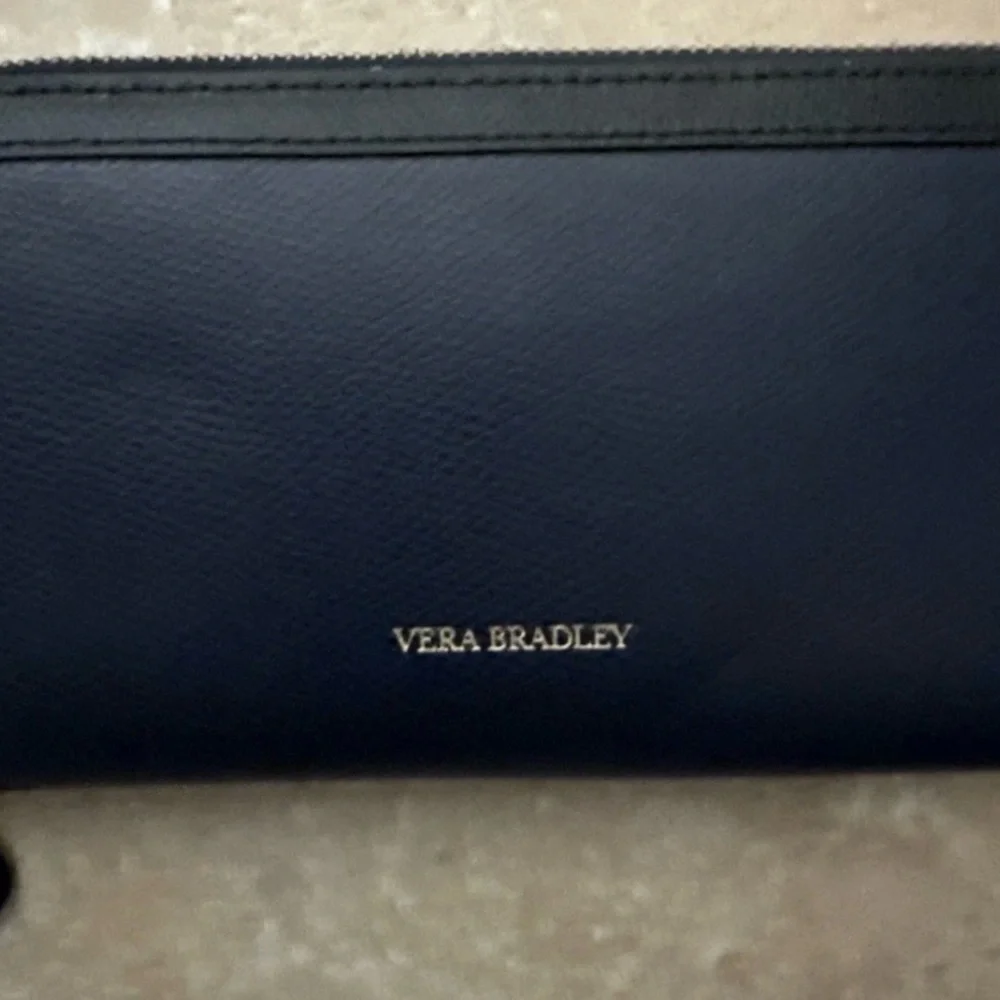 Vera Bradley Navy Leather Clutch Zip closure 3 compartments- Pre-loved Excellent - Picture 1 of 4